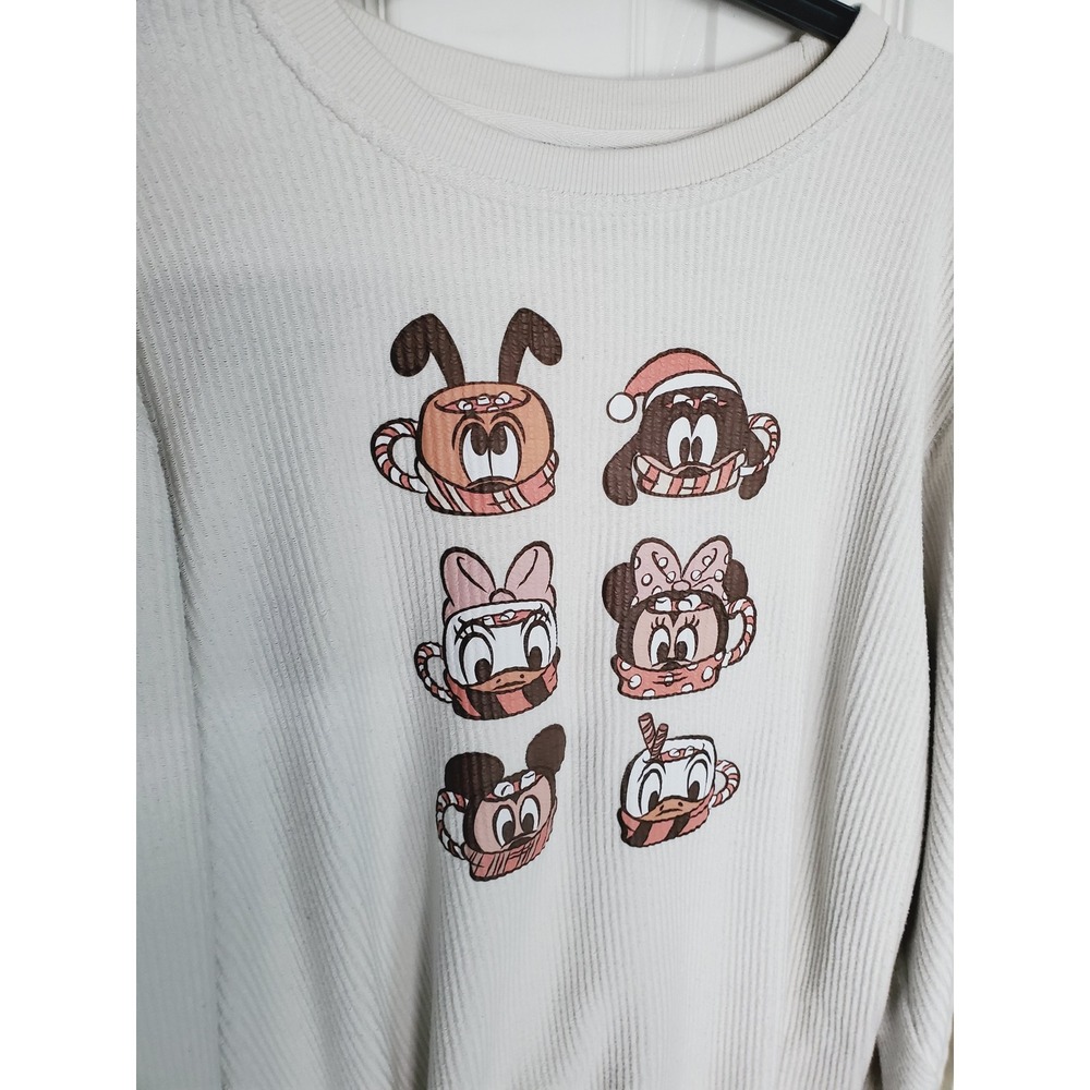 MV Sport Disney Christmas Cocoa Sweatshirt Cream Ribbed Mickey‎ Minnie Large
